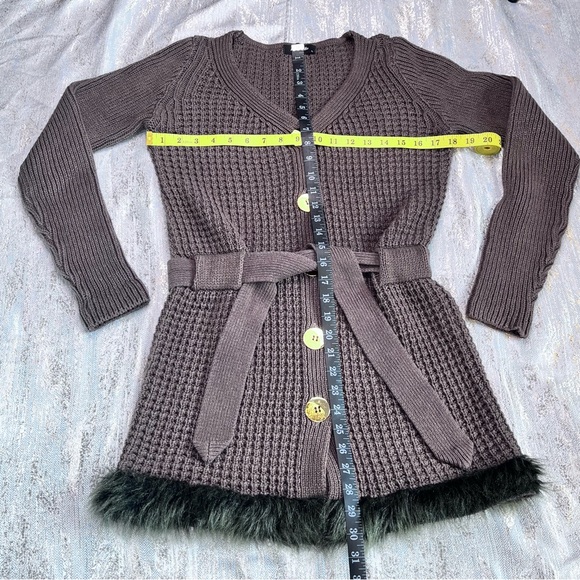 Anselmi Brown Button-Up Belted Women Sweater Medium Faux Fur Hem - Picture 12 of 16